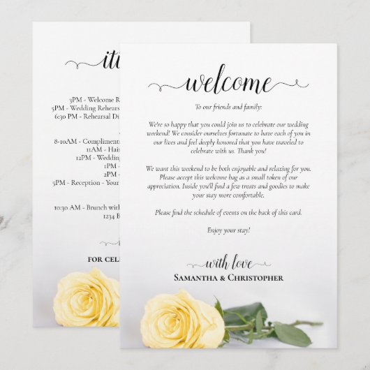 Elegante Gele Roos Bruiloft Welkom & Programma Programmakaart (Voorkant / Achterkant)