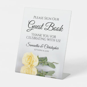 Elegante Gele Roos Gelieve Ons Gastboek Te Onderte Reclamebord Met Voetstuk