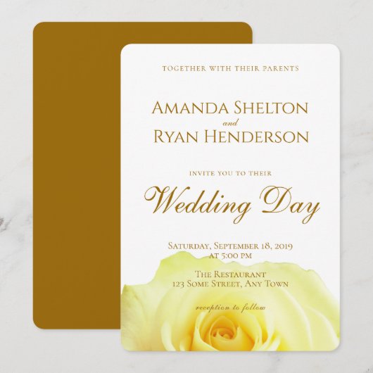Elegante Gele Roos Script Bloemen Bruiloft Kaart (Voorkant / Achterkant)