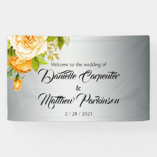 Elegante gele rozen op zilveren bruiloft spandoek (Horizontaal)