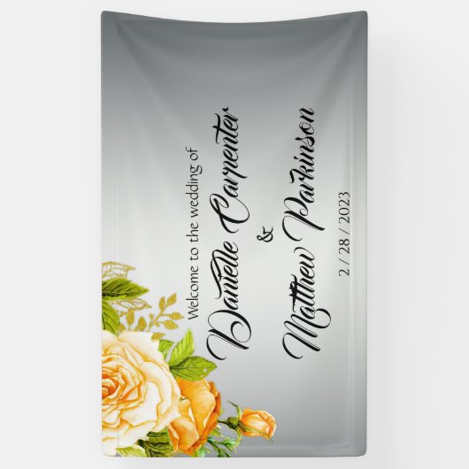 Elegante gele rozen op zilveren bruiloft spandoek (Verticaal)