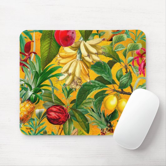 Elegante gele tropische bladeren vruchten patroon muismat (Met muis)