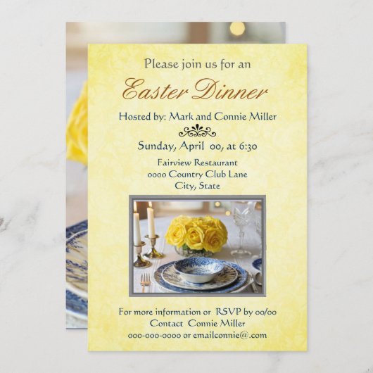 Elegante gele uitnodiging voor Pasen met rozen (Voorkant / Achterkant)