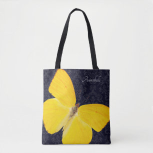 Elegante Gele Vlinder Zwarte Damast Naam Toevoegen Tote Bag