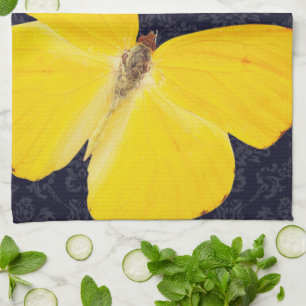 Elegante Gele Vlinder Zwarte Damast Patroon Voeg N Theedoek