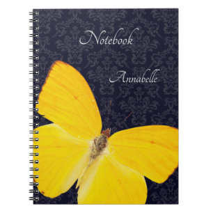 Elegante Gele Vlinder Zwarte Damast Voeg Naam Toe Notitieboek