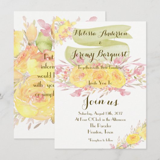 Elegante Gele Waterverf Roos Huwelijksuitnodiginge Kaart (Voorkant / Achterkant)