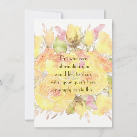 Elegante Gele Waterverf Roos Huwelijksuitnodiginge Kaart (Achterkant)
