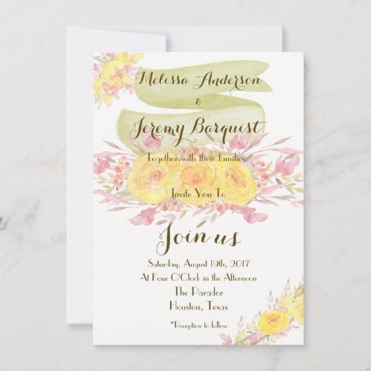 Elegante Gele Waterverf Roos Huwelijksuitnodiginge Kaart (Voorkant)