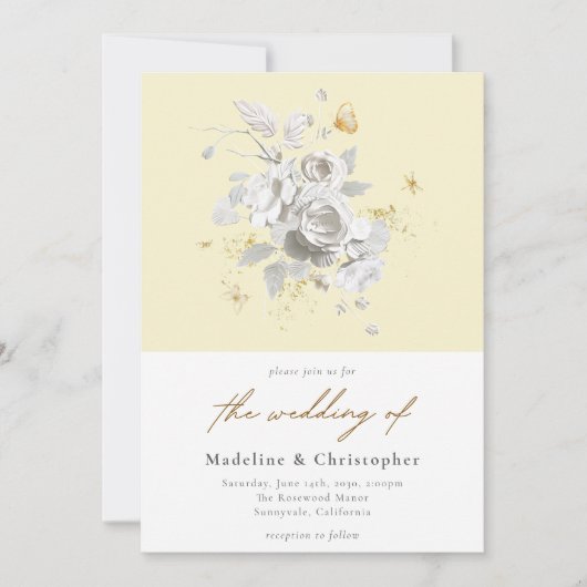 Elegante gele witte bloemenbruiloft kaart (Voorkant)