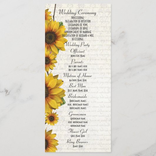 Elegante gele zonnebloem kerk bruiloft programma programmakaart (Achterkant)