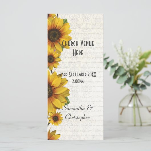 Elegante gele zonnebloem kerk bruiloft programma programmakaart (Staand voorkant)