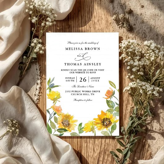 Elegante Gele Zonnebloem Zonnige QR Code Bruiloft Kaart