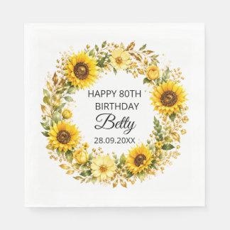 Elegante gele zonnebloemen 80e verjaardag servet