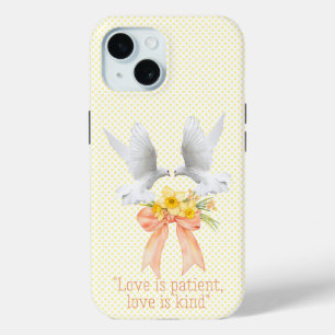 Elegante geloof perzik bloemenslinger stippen witt iPhone 15 case