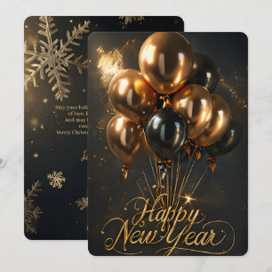 Elegante Gelukkig Nieuwjaar Gouden Zwarte Ballonne Feestdagenkaart