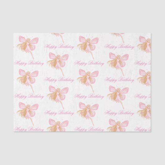 Elegante Gelukkige Verjaardag Roze Fairy Patroon M Tissuepapier (Voorkant)