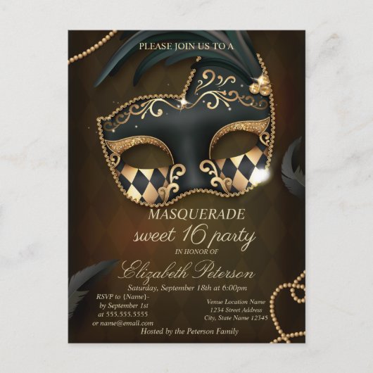 Elegante gemaskerde Sweet 16 Uitnodiging Briefkaart (Voorkant)