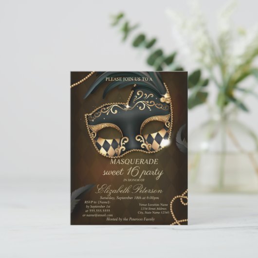 Elegante gemaskerde Sweet 16  Uitnodiging Briefkaart (Staand voorkant)