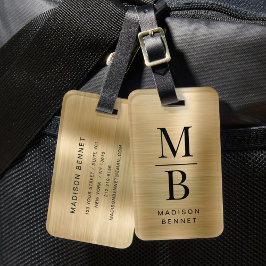 Elegante gemonogrammeerde gouden geborstelde metal bagagelabel