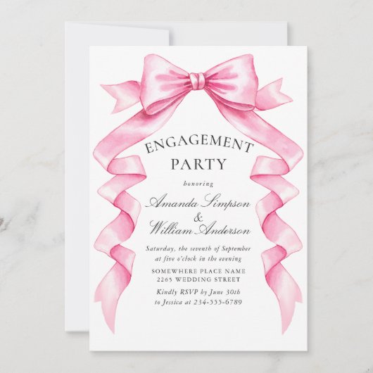 Elegante Gentle Pink Bow Ribbon ENGAGEMENT PARTY Kaart (Voorkant)