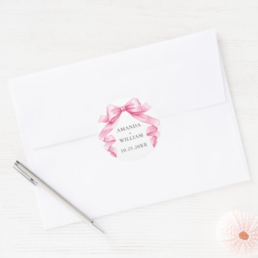 Elegante Gentle Roze Hand Getrokken Boog Huwelijk Ronde Sticker (Envelop)