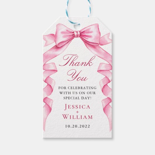 Elegante Gentle Roze Hand Getrokken Bow Ribbon Wed Cadeaulabel (Voorkant)