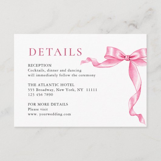 Elegante Gentle Roze Hand Getrokken Bow Wedding De Informatiekaartje (Voorkant)