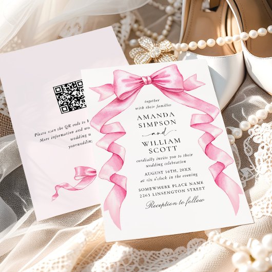 Elegante Gentle Roze Hand getrokken Bow Wedding QR Kaart