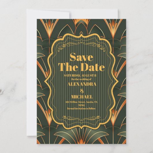 Elegante geometrische Art Deco bruiloft Save The Date (Voorkant)