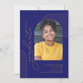 Elegante geometrische blauwe gele gouden afstudere aankondiging