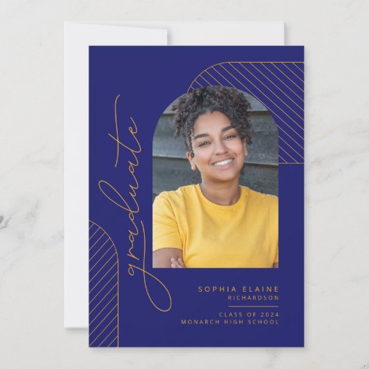 Elegante geometrische blauwe gele gouden afstudere aankondiging (Voorkant)