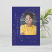 Elegante geometrische blauwe gele gouden afstudere aankondiging (Staand voorkant)