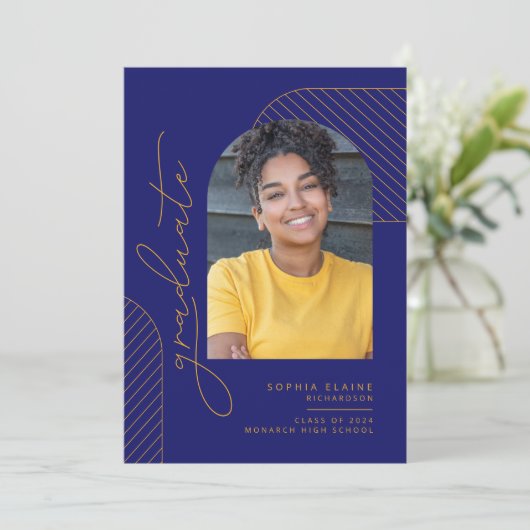 Elegante geometrische blauwe gele gouden afstudere aankondiging (Staand voorkant)
