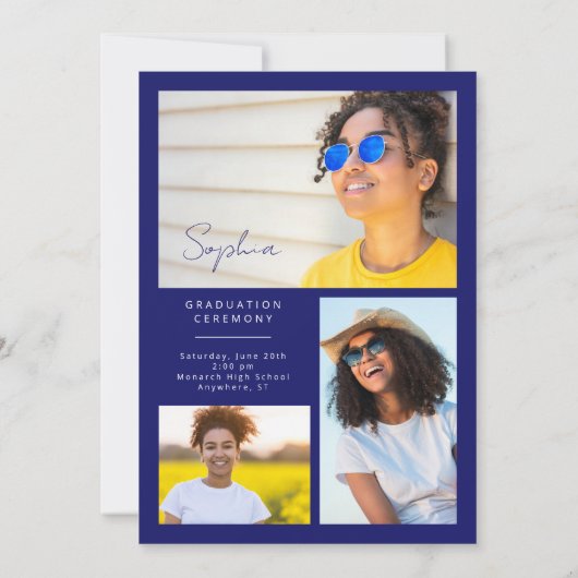 Elegante geometrische blauwe gele gouden afstudere aankondiging (Achterkant)