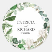 Elegante geometrische bloemengroen bruiloft ronde sticker (Voorkant)