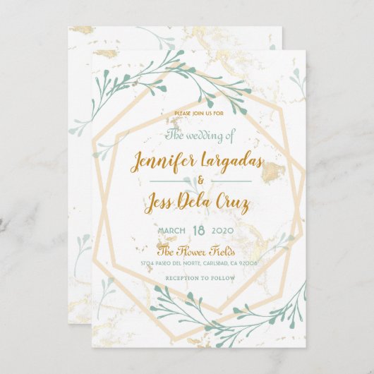 Elegante geometrische munt-gouden bruiloft uitnodi kaart (Voorkant / Achterkant)