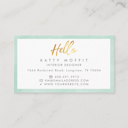 Elegante geometrische munt groen & goud monogram visitekaartje (Achterkant)