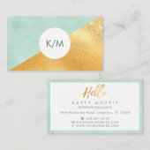 Elegante geometrische munt groen & goud monogram visitekaartje (Voorkant / Achterkant)