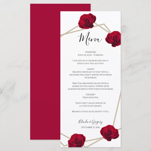 Elegante Geometrische Rode Roos Trouwdag Menu (Voorkant / Achterkant)