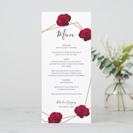 Elegante Geometrische Rode Roos Trouwdag Menu (Staand voorkant)