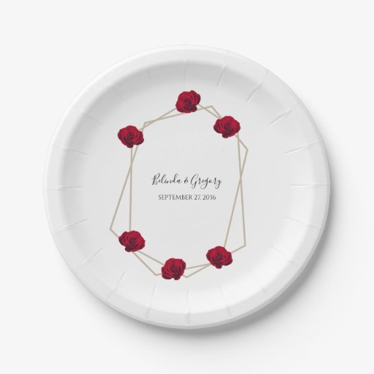 Elegante Geometrische Rode Roos Trouwdag Papieren Bordje (Voorkant)