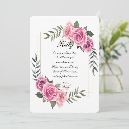 Elegante geometrische roze roos bruidsmeisje kaart (Staand voorkant)