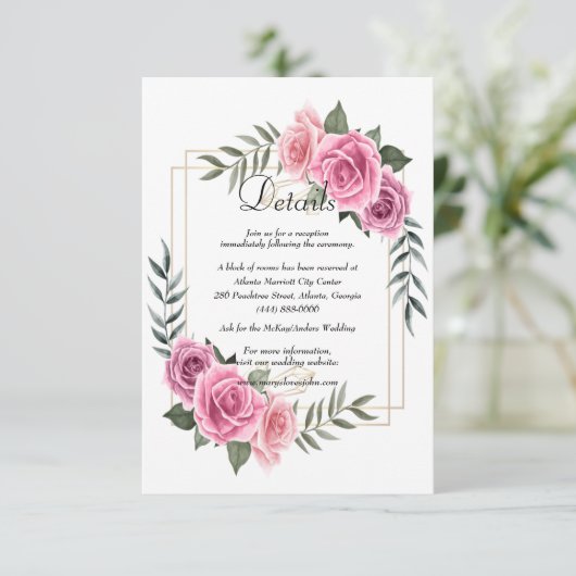 Elegante geometrische roze roos bruiloft details bedankkaart (Staand voorkant)