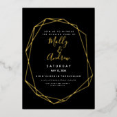 Elegante geometrische zwart en goud moderne bruilo folie uitnodiging (Voorkant)