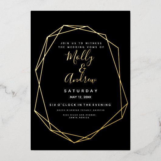 Elegante geometrische zwart en goud moderne bruilo folie uitnodiging (Voorkant)