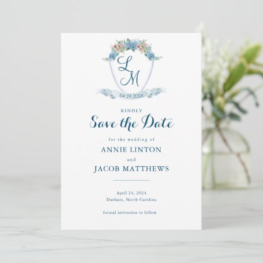 Elegante gepersonaliseerde blauwe hortensia bruilo save the date (Staand voorkant)