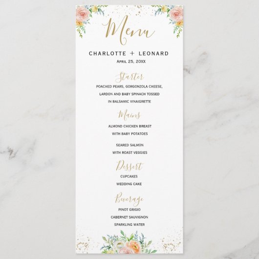 Elegante gepersonaliseerde bloemengoud Menu sjablo (Voorkant)
