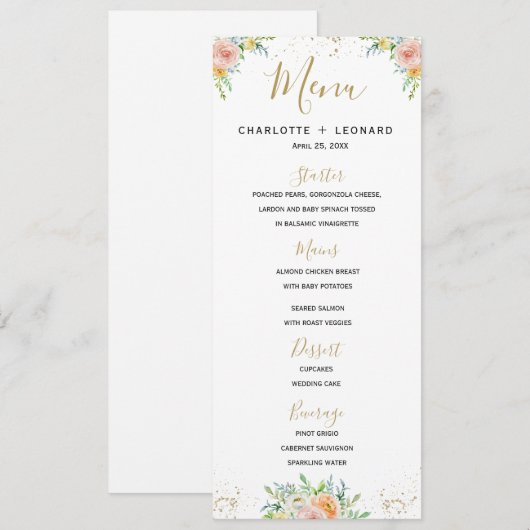 Elegante gepersonaliseerde bloemengoud Menu sjablo (Voorkant / Achterkant)