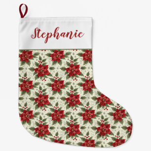 Elegante gepersonaliseerde bloemige Poinsettia Grote Kerstsok